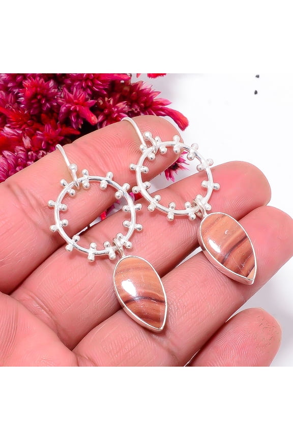 Wave Dolomite - Mexico Designer Handmade 925 Sterling Silver Earring 2.15" Sku2, Maroon Earring, Natural Gemstone Earring
