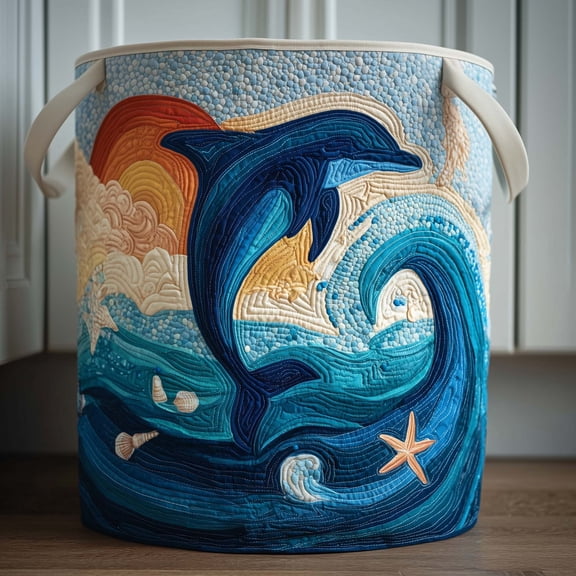 Wave Dolphin Quilted Laundry Basket, with Handles, Foldable Clothes Hamper for Bedroom Storage