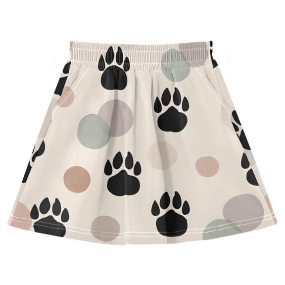 Wave Dot Footprint Pattern Cotton Skirt Built-in Liner Elastic A-Line Flared Skirt with Pockets