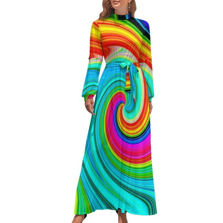 Wave Dress Glittering Swirl Vintage Maxi Dress Aesthetic Boho Beach Long Dresses High Neck Design Clothing Walmart