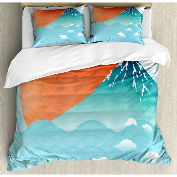 Wave Duvet Cover Set, Image Japanese Far Eastern Nature Sun Ocean and Mountain, Decorative 3 Piece Bedding Set with 2 Pillow Shams, Queen Size, Vermilion Seafoam, by Ambesonne