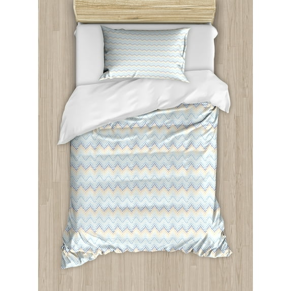 Wave Duvet Cover Set, Nautical Hand Drawn Abstract Chevron Pattern Simple Stream Motif Depiction, Decorative 2 Piece Bedding Set with 1 Pillow Shams, Twin Size, Sea Blue Multicolor, by Ambesonne