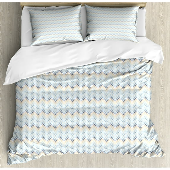 Wave Duvet Cover Set, Nautical Hand Drawn Abstract Chevron Pattern Simple Stream Motif Depiction, Decorative 3 Piece Bedding Set with 2 Pillow Shams, Queen Size, Sea Blue Multicolor, by Ambesonne