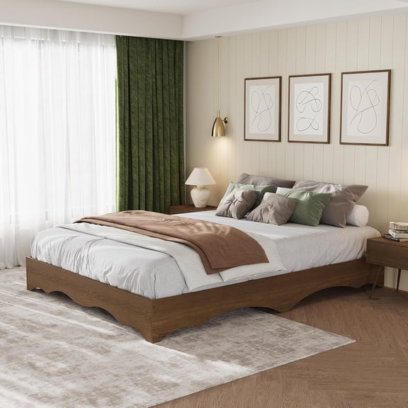Wave-Edge Wood Platform Bed Frame, Low Profile with Sturdy Wood Slats, Noise-Free Design, No Box Spring Needed, Easy Assembly, Queen Size Walnut, for Bedroom Guest Room Apartment