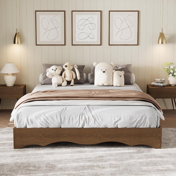 Wave-Edge Wood Platform Bed Frame, Low Profile with Sturdy Wood Slats, Noise-Free Design, No Box Spring Needed, Easy Assembly, Twin Size Walnut, for Bedroom Guest Room Apartment