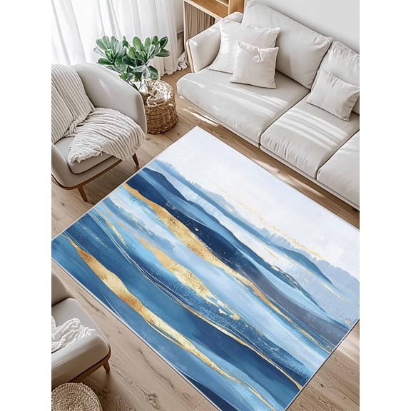 Wave Effect Art Area Rug for Bedroom 2.7x5 Ft Blue Waves with Golden Graffiti Art Super Soft fuzzy Throw Rug Non-Slip Fluffy Plush Indoor Floor Carpet for Living Room Nursery Home Decor