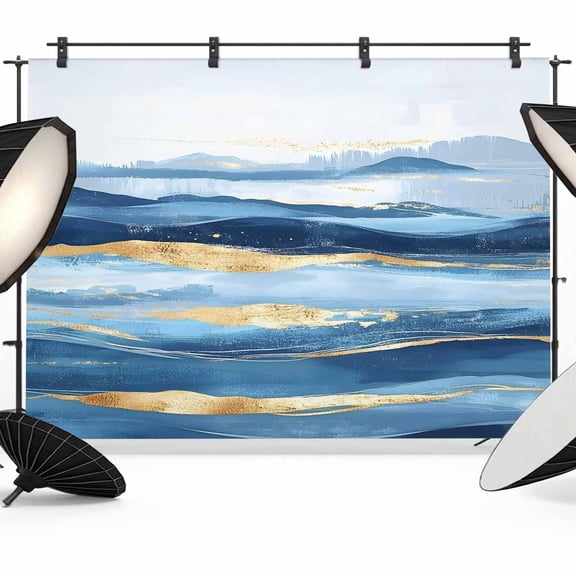 Wave Effect Art Backdrop for Photography, Blue Waves with Golden Graffiti Art Photo Backdrop Portrait Background Party Banner Photo Backgrounds for Studio Booth Props, 7x5ft