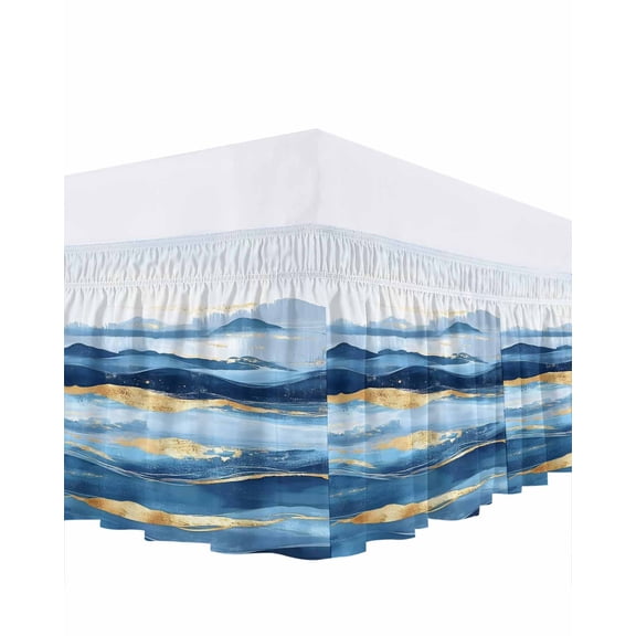 Wave Effect Art Bed Skirt Queen Size 16" Drop Blue Waves with Golden Graffiti Art Ruffled Wrap Around Bed Skirts Adjustable Elastic Bedskirt Dust Ruffle for Queen Size Bed