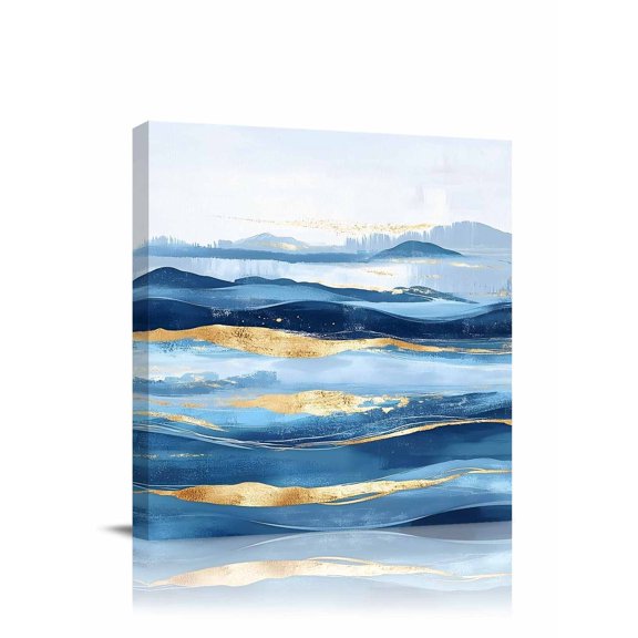 Wave Effect Art Canvas Wall Art, Blue Waves with Golden Graffiti Art Framed Wall Decor Modern Artwork Prints Painting for Living Room, Bedroom, Kitchen & Cafe Decor 8x8 Inch