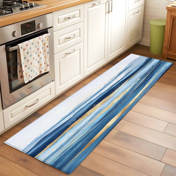 Wave Effect Art Runner Rug for Hallway 2x6ft, Blue Waves with Golden Graffiti Art Non Slip Floor Mat Washable Low-Profile Indoor Carpet for Living Room, Bedroom, Dining Room