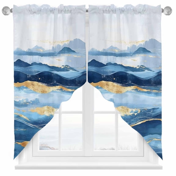 Wave Effect Art Swag Valances for Windows 2 Pack Blue Waves with Golden Graffiti Art Swag Kitchen Curtains 36 Inches Long Rod Pocket Short Window Treatment for Kitchen Bathroom 28"x36"