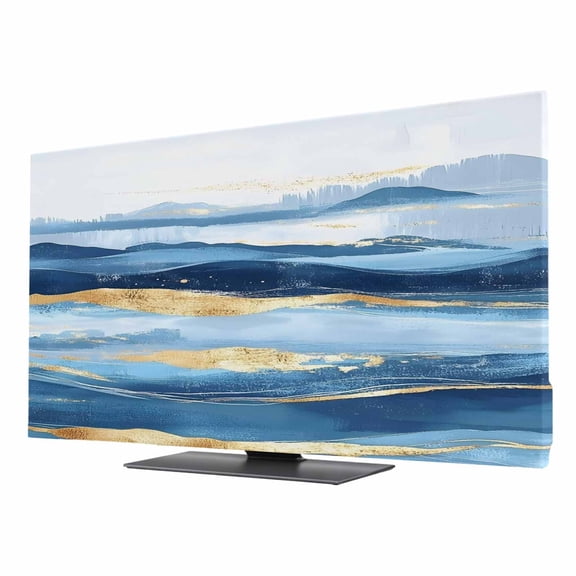Wave Effect Art TV Dust Cover 24 Inch, Blue Waves with Golden Graffiti Art Computer Monitor Cover Dustproof Stretchable Indoor TV Screen Protector for LED LCD Universal Monitors