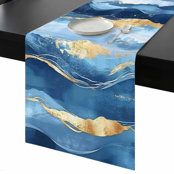 Wave Effect Art Table Runner 13x36 Inch Blue Waves with Golden Graffiti Art Table Runner Non-Slip Dresser Scarves for Holiday Decorations, Party, Dinner and Gatherings, 1 Pack