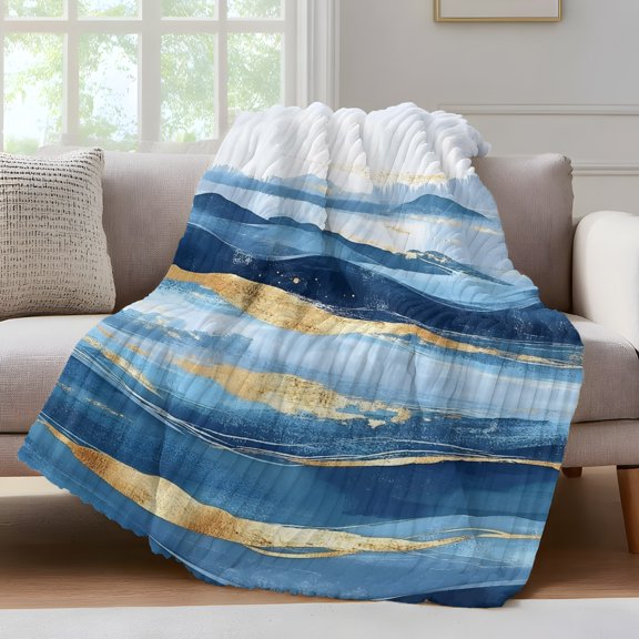 Wave Effect Art Throw Blanket for Couch Blue Waves with Golden Graffiti Art Soft and Warm Flannel 3D Striped Fluffy Fuzzy Fleece Blanket Lightweight Throw for Bed, Sofa 30 x 40 Inches