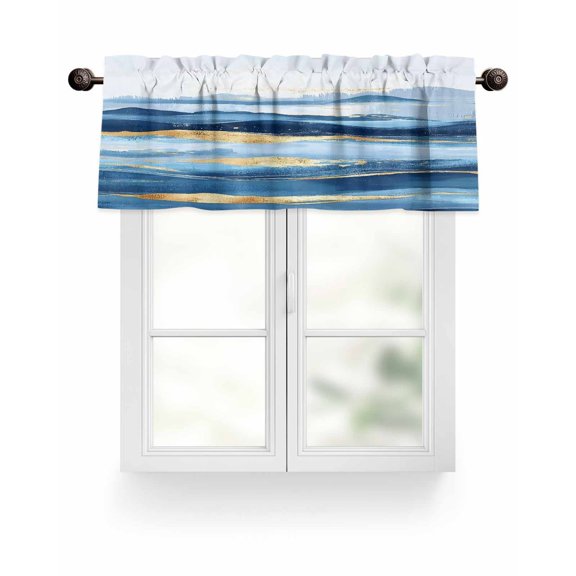 Wave Effect Art Valances for Windows Blue Waves with Golden Graffiti Art Valance Rod Pocket Light Filtering Short Window Treatments Curtains for Kitchen Bathroom Living Room Bedroom, 42 x 12 Inch