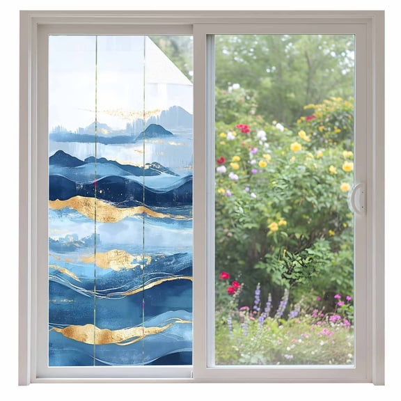 Wave Effect Art Window Privacy Film Blue Waves with Golden Graffiti Art Decorative Glass Window Film UV Blocking Static Cling Non-Adhesive Sticker Covering for Home Door 35.4x78.7 inches