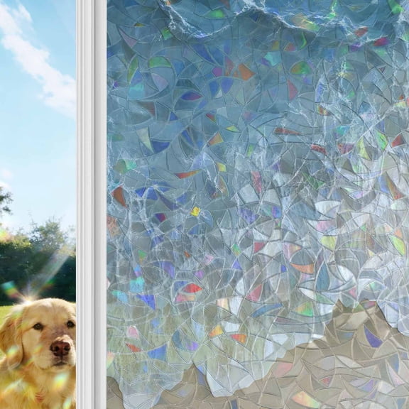 Wave Effect Modern Art Rainbow Window Privacy Film, Abstract Blue Beach Stained Glass Window Film, Sun Blocking Glass Clings Static Cling Non Adhesive Door Stickers 19.6 x 39.3 Inches