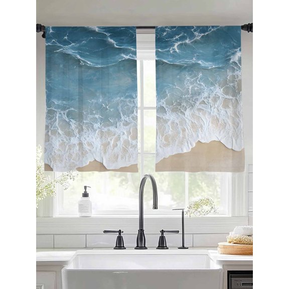 Wave Effect Modern Art Sheer Curtains 45 Inches Long 2 Panels Abstract Blue Beach Light Filtering Semi Sheer Window Curtains Drapes for Bedroom Living Room 52"x45"