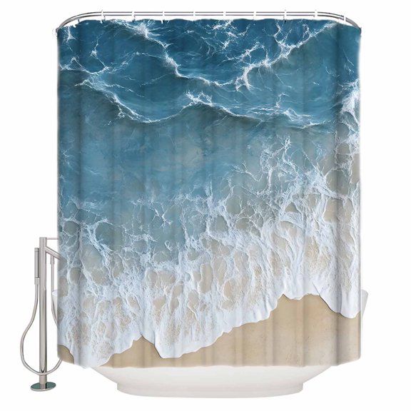 Wave Effect Modern Art Shower Curtain, 72" x 72", Abstract Blue Beach Waterproof Bathroom Curtain Washable Shower Curtain Set with 12 Hooks