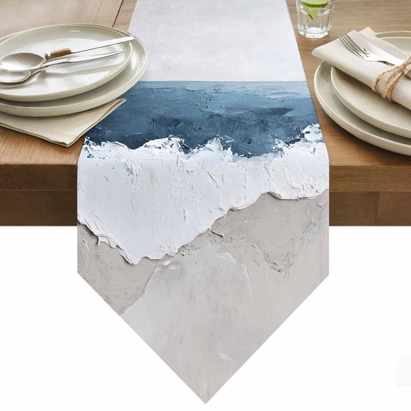Wave Effect Modern Art Table Runner 36 Inches Long Abstract Blue Oil Painting Table Runners for Dining Room Tabletop Dresser Scarf Home Party Banquet Wedding Holiday Decoration