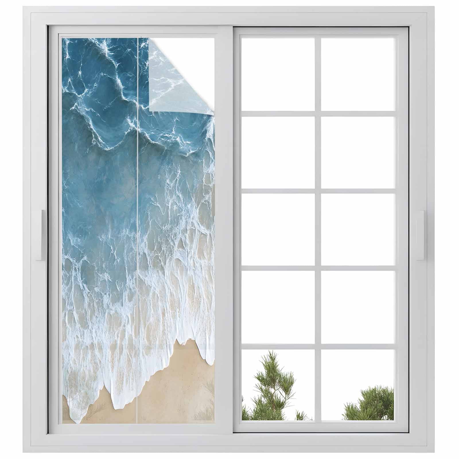 Wave Effect Modern Art Window Privacy Film, Abstract Blue Beach Frosted Glass Window Clings Static Cling UV Heat Blocking Reusable Door Sticker for Bathroom 23.6 x 59 Inch
