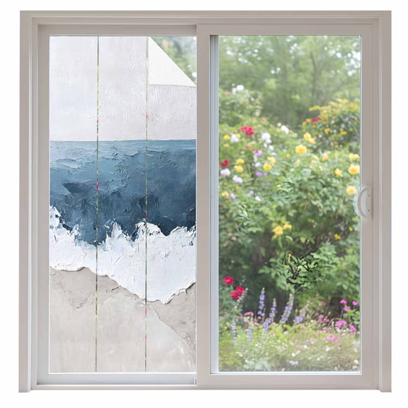 Wave Effect Modern Art Window Privacy Film Abstract Blue Oil Painting Decorative Glass Window Film UV Blocking Static Cling Non-Adhesive Sticker Covering for Home Door 35.4x78.7 inches