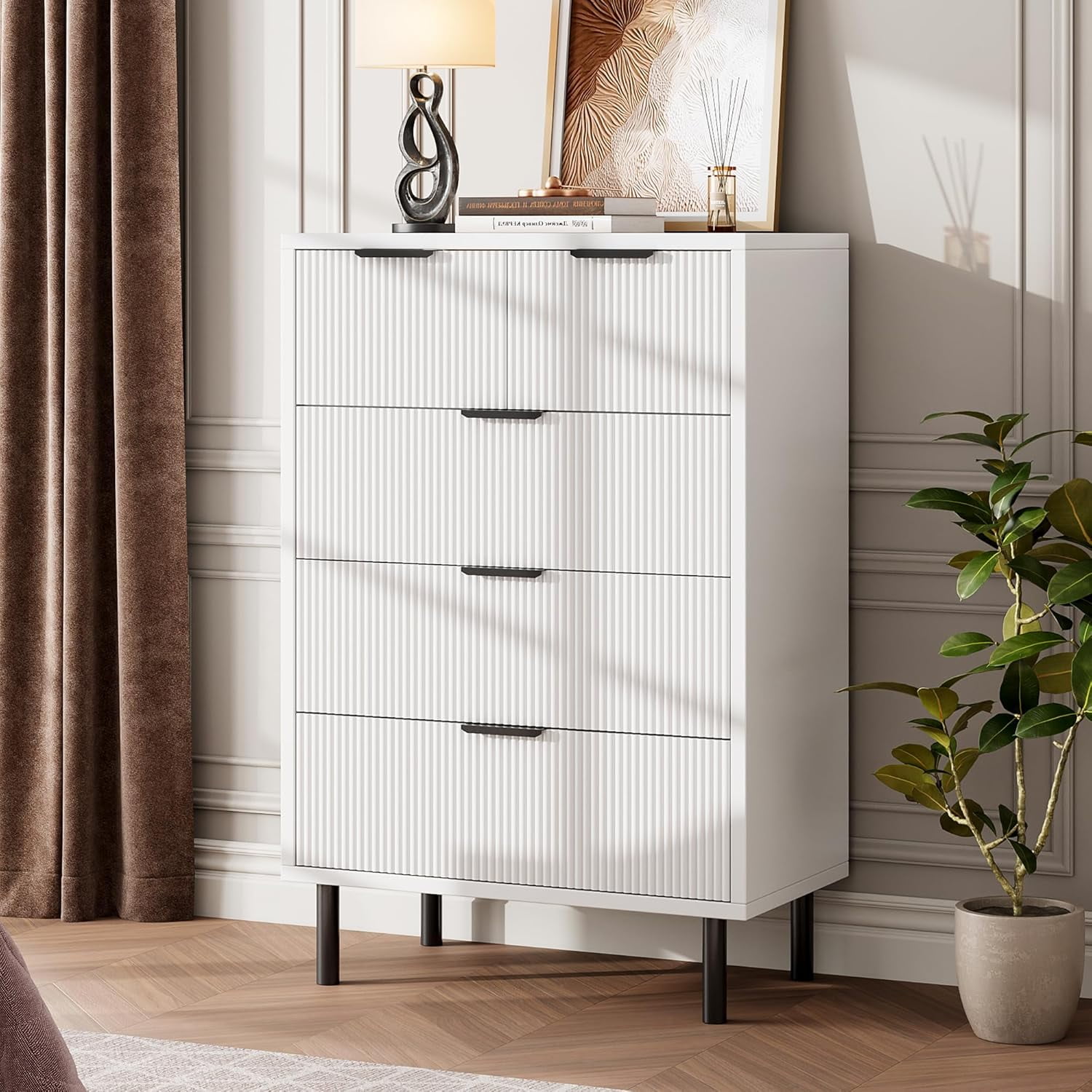 Wave Fluted 5 Drawer Dresser for Bedroom, Modern Wood Dresser Chest of ...