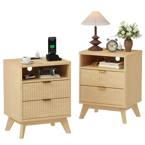 Wave Fluted Nightstand with Charging Station - End Table with 2 Drawers & Open Shelf, Modern Bedside Table with Gold Handle for Bedroom, Living Room