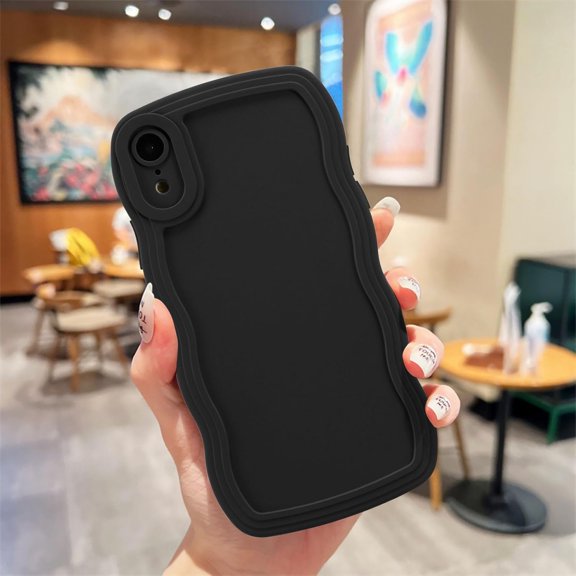 Wave Frame Case for iPhone XR Phone Case,Cute Wave Frame Slim Fit Shockproof Phone Bumper Cover Soft Pretty Curly Wavy Case Anti-Scratch TPU Case -Black