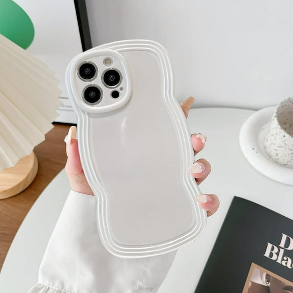 Wave Frame Phone Case for iPhone 14 Pro Max 6.7 inch, Cute Curly Wavy Case for Girls Slim Fit Cover Luxury Plated Soft TPU Bumper Cover Glossy Plated Case Aesthetic Phone Case - Pearl White