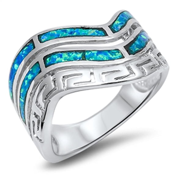 Wave Greek Key Blue Simulated Opal Ring .925 Sterling Silver Band CZ Jewelry Female Size 6