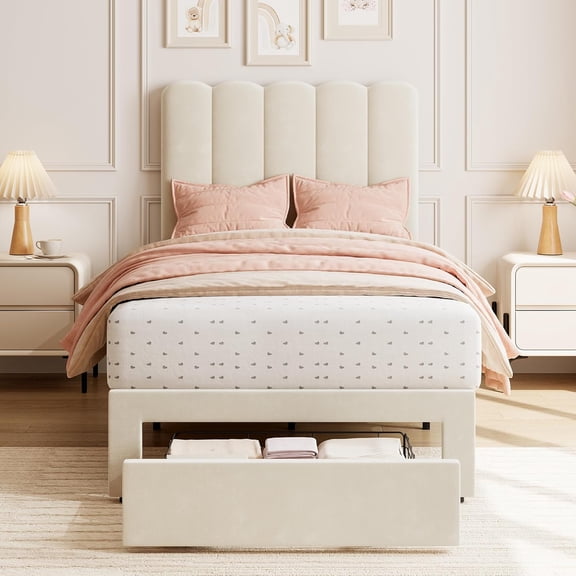 Wave Headboard Twin Platform Bed with Storage Drawer - Velvet Upholstery - Low Profile Platform - Strong Wooden Slats - Noise-Free - Easy Assembly - No Box Spring Needed