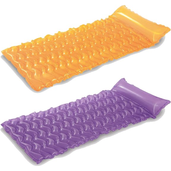 Wave Inflatable Air Mat, 90" x 34" Pool Float with Built-In Pillow, Adult Swimming Pool Lounge Raft, Vinyl Inflatable Water Float, 2 Pack