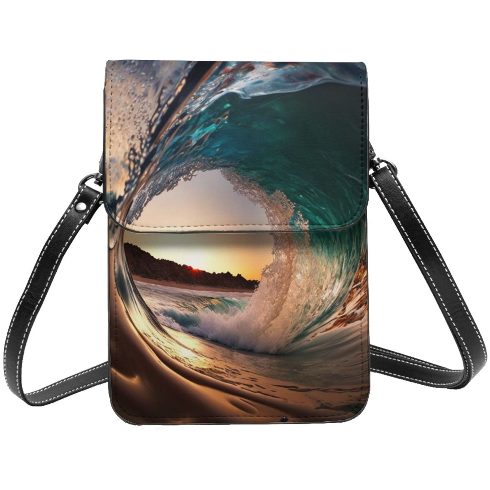 Wave Inside Hollow Morning Surf Cell Phone Purse Small Crossbody Bag with Strap Credit Card Slots Leather Shoulder Wallet for Women