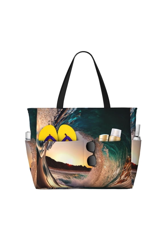 Wave Inside Hollow Morning Surf Large Capacity Beach Travel Tote Bag Shoulder Handbag for Gym Camping Shopping
