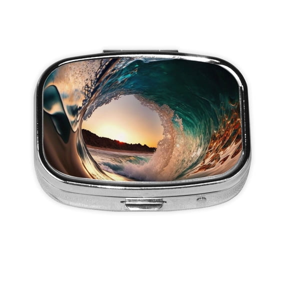 Wave Inside Hollow Morning Surf Square Pill Box 2 Compartment Pill Case Medicine Organizer Decorative Gift for Purse Pocket