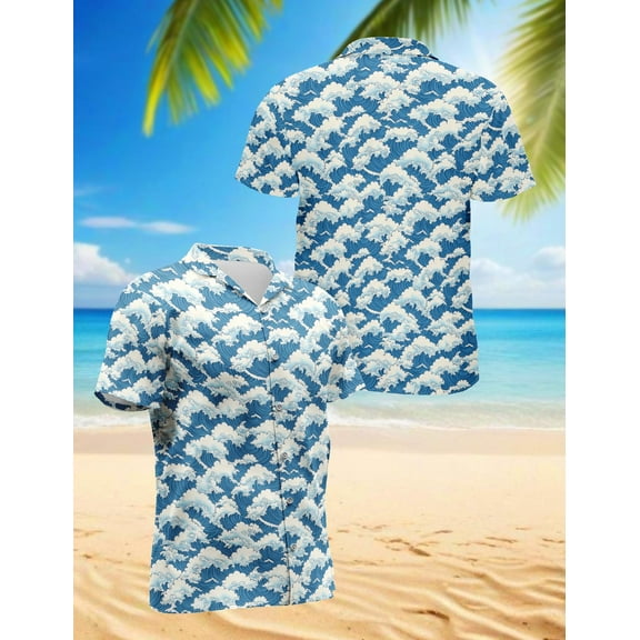 Wave Japan Style Hawaiian Shirt for Men, Button Down Summer Beach Short Sleeve, S-5XL