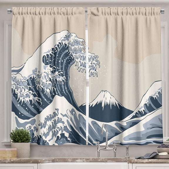 Wave Kitchen Curtains, Oriental Culture Hand Drawn Style Japanese Motifs Illustration Wave, Window Drapes 2 Panel Set for Kitchen Cafe Decor, 55" X 39", Blue Grey Beige