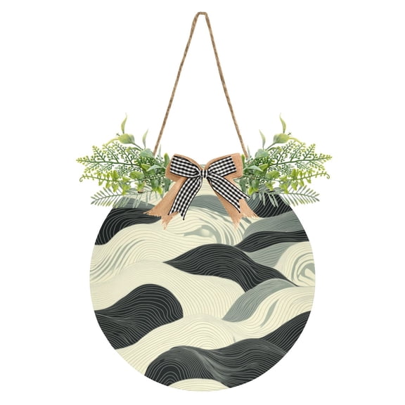 Wave Landscape Art Front Door Porch Decoration Hanging Sign with Artificial Green Plants and Bow for Home Outdoor Indoor