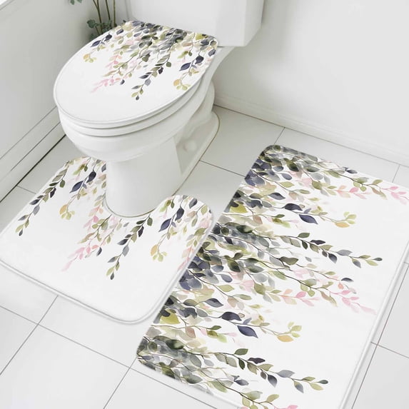 Wave Leaf Bathroom Rugs Set Sage Green Gradient Purple Leaf Plant Watercolor Non Slip Absorbent Soft Bath Mats 3 Piece Set with Bathroom Rug, U-Shaped Floor Mat, Toilet Seat Cover Large Size