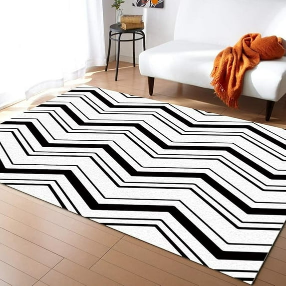 Wave Line Stripes Area Rugs, Black White Abstract Geometric Soft Washable Carpet, Upholstery Rug With Non-Slip Backing For Kids Boys Girls Bedroom Living Room Dining Room Study 5 x 6ft