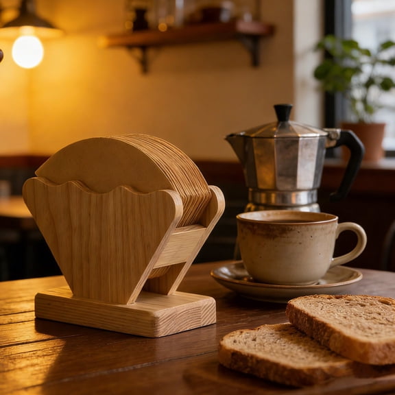 Wave Line Wood Coffee Filter Shelf | Coffee Filter Paper Storage Box | Natural Wood Kitchen Decoration | Household Coffee Shop Organizer
