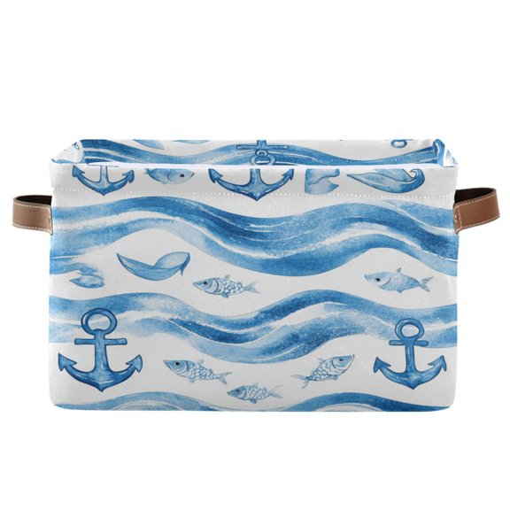 Wave Lines with Fish Foldable Storage Basket,Canvas Fabric Foldable Storage Bins with Handles Open Home Storage Bins Boxes for Toy Book Shelf Closet Baskets