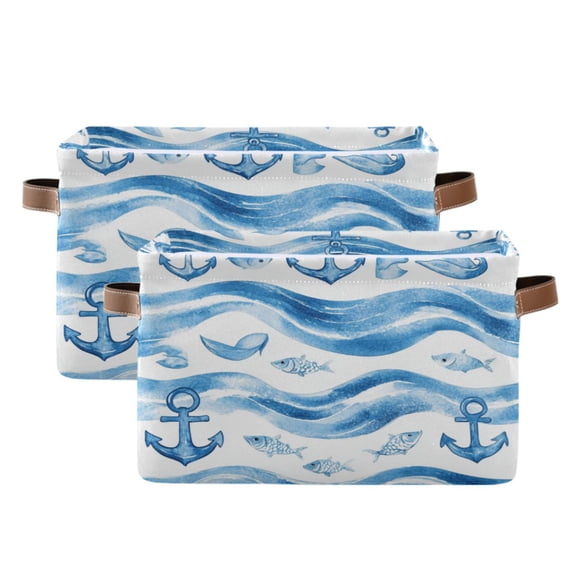 Wave Lines with Fish Foldable Storage Basket,Canvas Fabric Foldable Storage Bins with Handles Open Home Storage Bins Boxes for Toy Book Shelf Closet Baskets