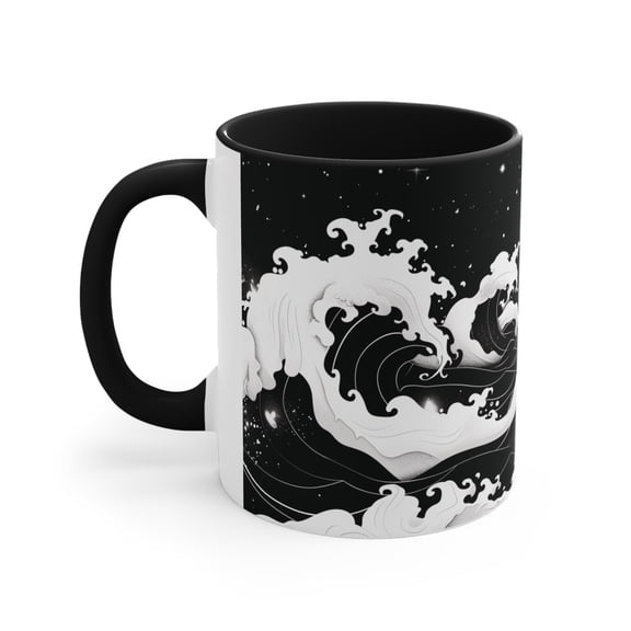Wave Mug, Japanese Wave Mug, Black and White Ocean Tsunami Mug, Ocean Night Starry Sky 11oz Mug, Anime Style Cup, Cool Mugs, 11oz