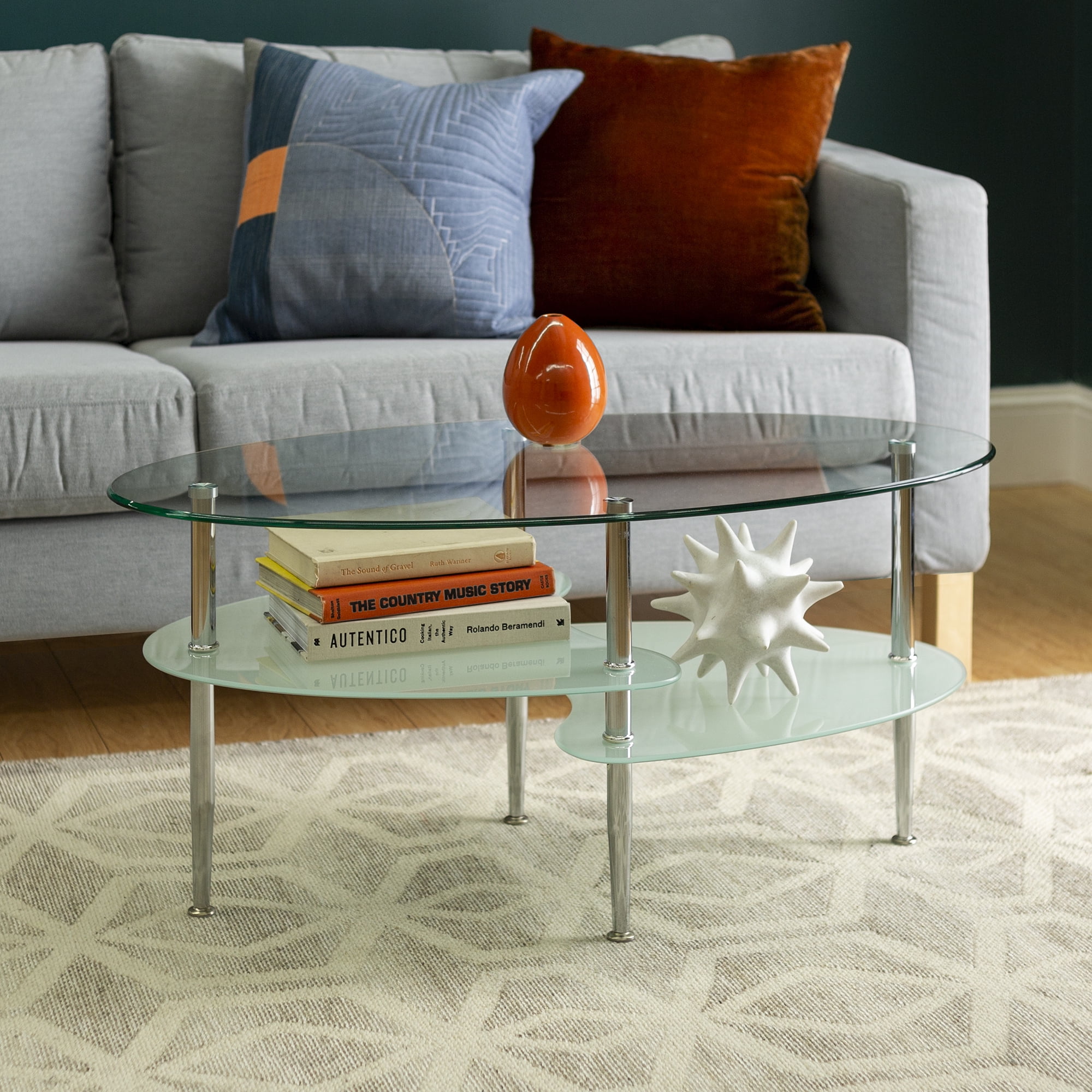 Walker Edison Mid Century Modern Oval Glass Coffee Table