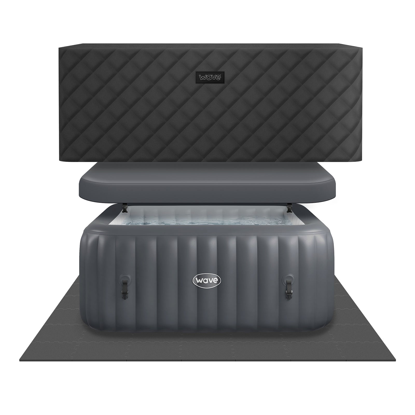 Wave Pacific 6-Person Square Inflatable Hot Tub, EnergySave Bundle | 130-Jet Spa | Dark Gray