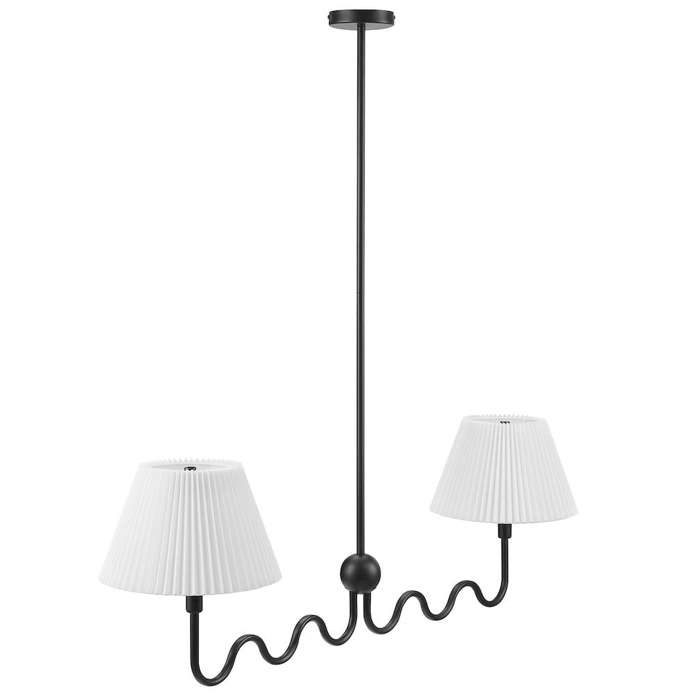 Satin Black Glass 2-Arm Pendant Light with Pleated Shades
