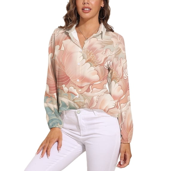 Wave Peony Long Sleeve Blouse Woman Streetwear Casual Shirts Summer Oversize Woman Streetwear Clothing Birthday Present