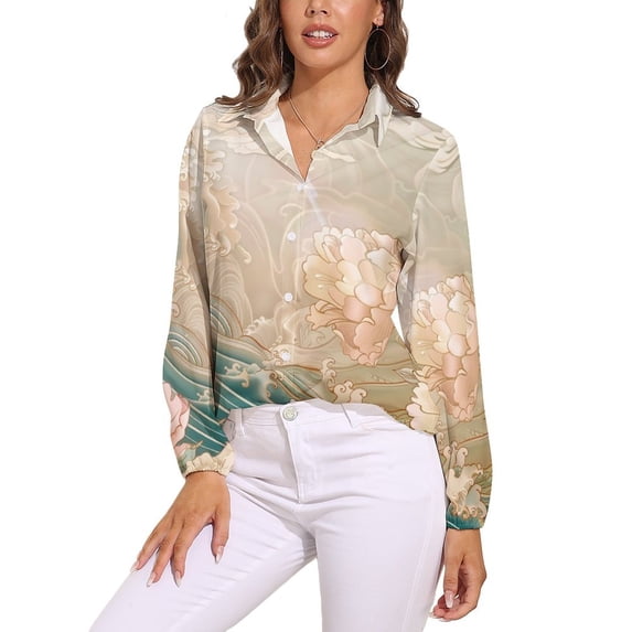 Wave Peony Long Sleeve Blouse Woman Streetwear Casual Shirts Summer Oversize Woman Streetwear Clothing Birthday Present